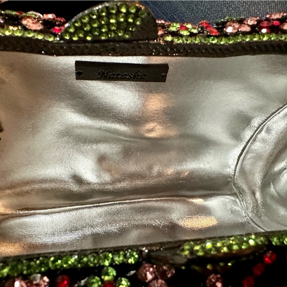 Natasha Evelyn Multi Rhinestone Clutch w Floral Design Green Leaf Clasp - Picture 11 of 12